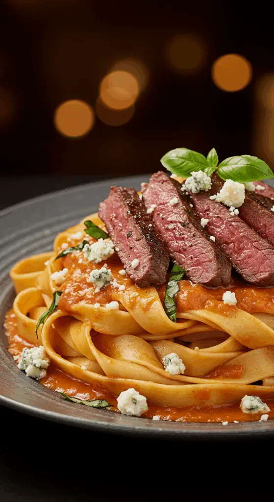 A beautiful, rustic bowl of homemade, creamy Steakhouse Pasta, with fanned-out slices of grilled skirt steak and a blue cheese sauce.