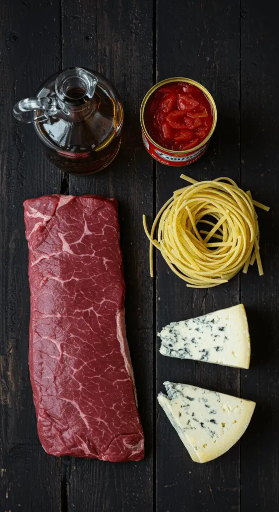 The simple, high-quality, from-scratch ingredients for the classic and elegant Steakhouse Pasta recipe.