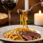 An elegant plate of homemade, creamy Steakhouse Pasta being enjoyed for a sophisticated and romantic, candlelit dinner.