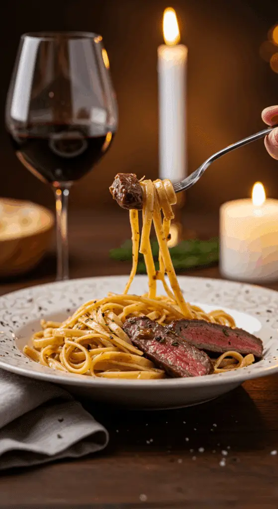 An elegant plate of homemade, creamy Steakhouse Pasta being enjoyed for a sophisticated and romantic, candlelit dinner.