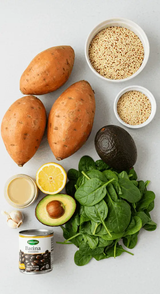 The simple, fresh ingredients for the healthy, from-scratch Roasted Sweet Potato and Black Bean Quinoa Bowl.