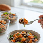 A beautiful bowl of homemade, healthy Roasted Sweet Potato and Black Bean Quinoa Salad being enjoyed with a fork for a vibrant and healthy lunch, with meal-prep containers in the background.
