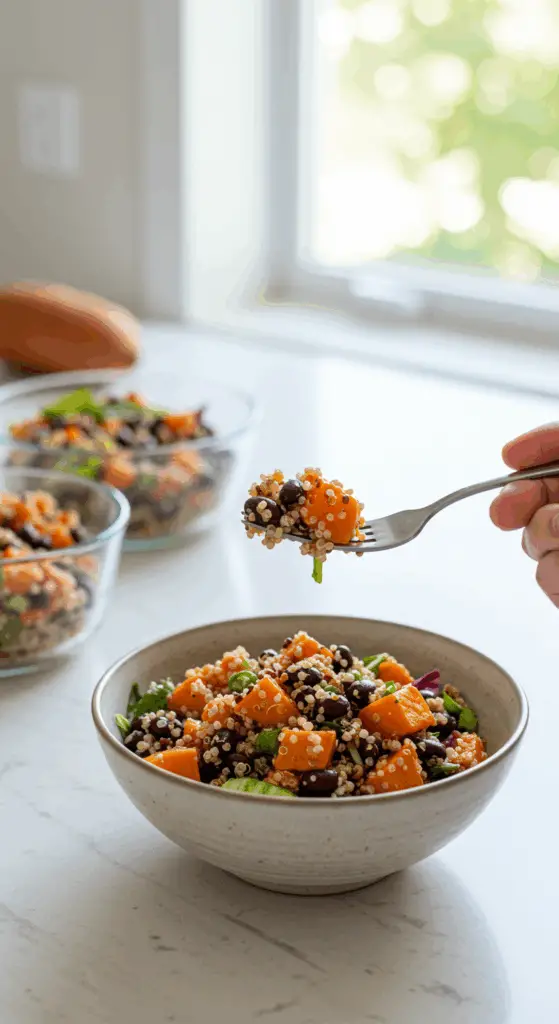 A beautiful bowl of homemade, healthy Roasted Sweet Potato and Black Bean Quinoa Salad being enjoyed with a fork for a vibrant and healthy lunch, with meal-prep containers in the background.