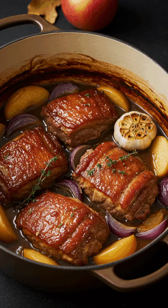 A beautiful, rustic Dutch oven of homemade, fall-apart tender, Apple Cider Braised Pork Shoulder, with a rich, glossy gravy, apples, and onions.