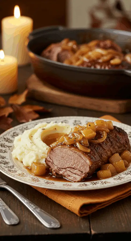An elegant plate of homemade, tender Apple Cider Braised Pork Shoulder with a rich gravy, served with mashed potatoes for a cozy meal.