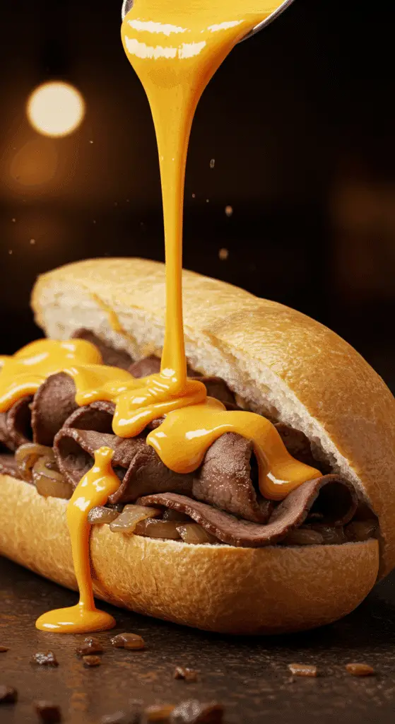 A beautiful, overflowing, homemade, authentic Philly Cheesesteak with thinly sliced ribeye, caramelized onions, and a thick, gooey, orange cheese sauce.