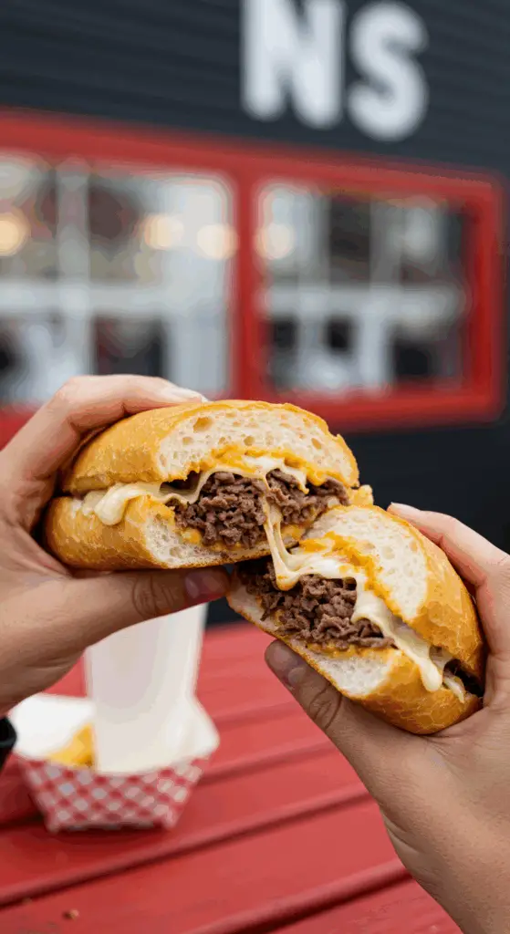 A hand holding a large, delicious, and messy homemade Philly Cheesesteak, about to take a bite.
