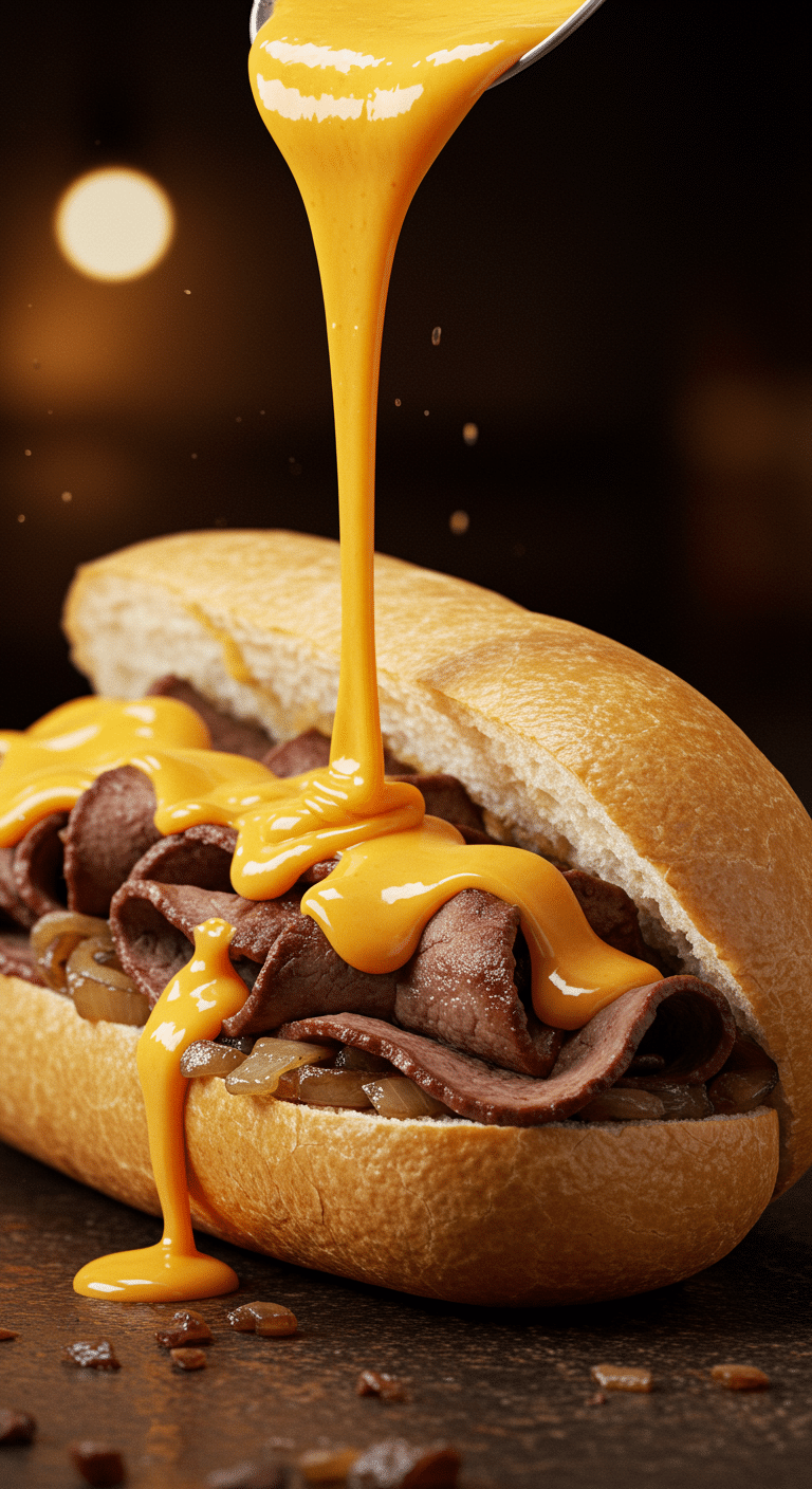 A beautiful, overflowing, homemade, authentic Philly Cheesesteak with thinly sliced ribeye, caramelized onions, and a thick, gooey, orange cheese sauce.