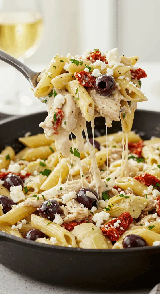 A beautiful, rustic skillet of homemade, creamy Greek Chicken Pasta, with shredded chicken, feta, and artichokes.