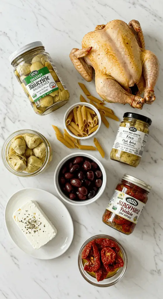 The simple, from-scratch ingredients for the easy and creamy Greek Chicken Pasta recipe.