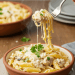 A cozy bowl of homemade, creamy Greek Chicken Pasta being served for a family dinner.