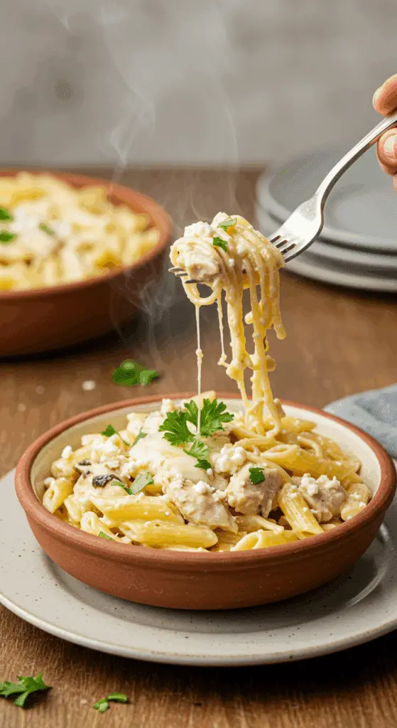 A cozy bowl of homemade, creamy Greek Chicken Pasta being served for a family dinner.