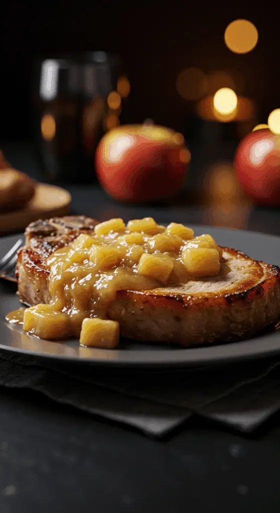 A beautiful, plated serving of a homemade, juicy Baked Pork Chop, generously covered in a thick, glossy, and caramelized applesauce glaze.