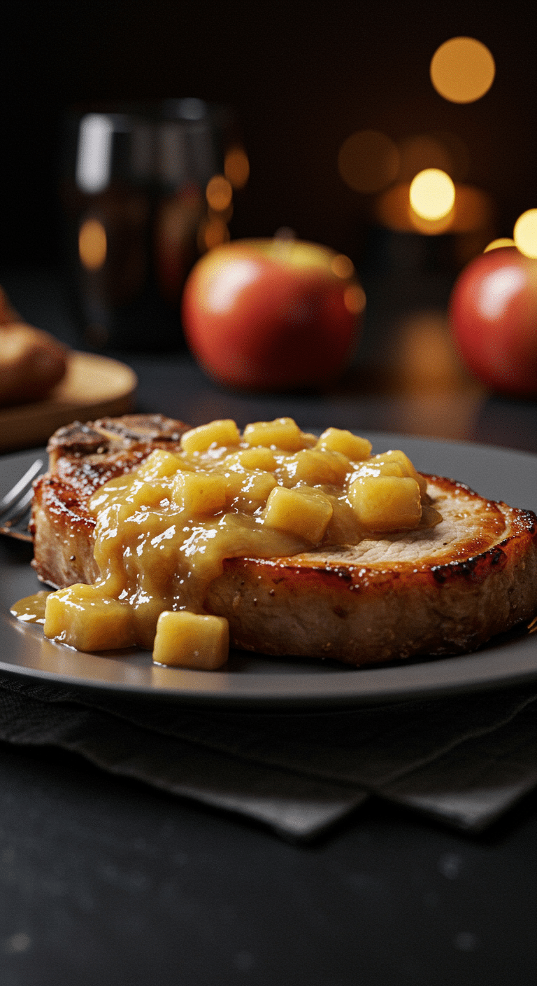 A beautiful, plated serving of a homemade, juicy Baked Pork Chop, generously covered in a thick, glossy, and caramelized applesauce glaze.