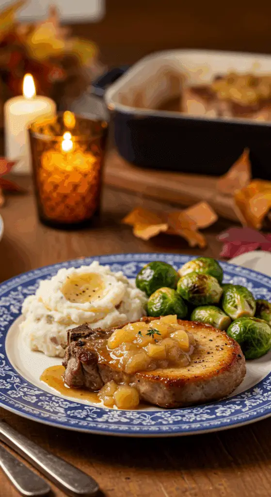 A beautiful plate of homemade Baked Pork Chops with a generous portion of applesauce glaze, served with mashed potatoes for a cozy meal.