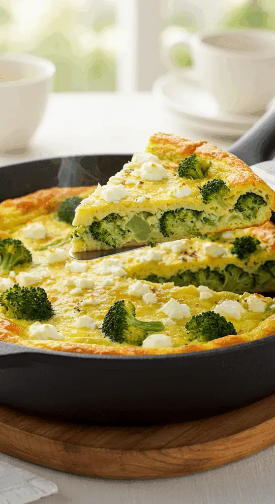 A beautiful, rustic cast-iron skillet of a homemade, fluffy Broccoli Feta Frittata, with a perfect, cheesy wedge being lifted out