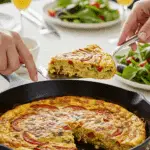 The finished, homemade skillet Frittata being served at a beautiful and sunny weekend brunch.
