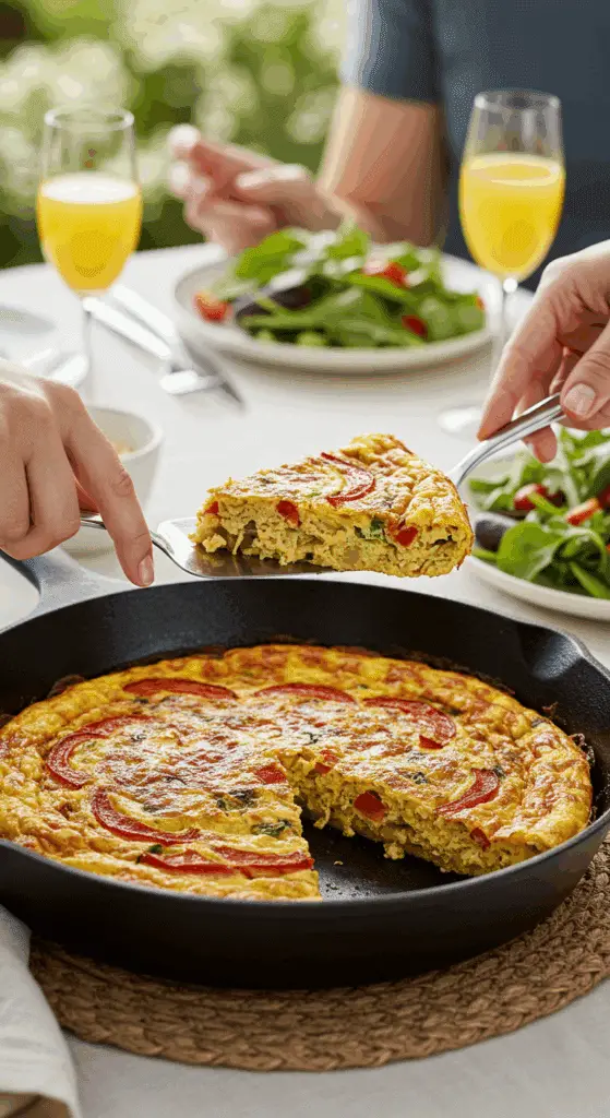 The finished, homemade skillet Frittata being served at a beautiful and sunny weekend brunch.