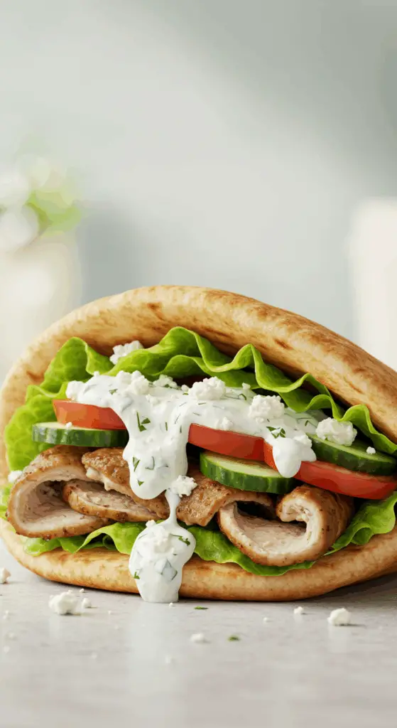 A beautiful, homemade, fresh and healthy Turkey Gyro, overflowing with turkey, vegetables, and a creamy tzatziki sauce.