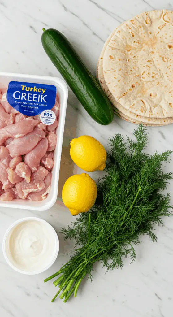 The simple, fresh ingredients for the healthy, from-scratch Turkey Gyros and tzatziki sauce recipe.