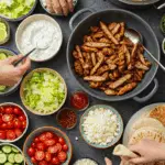 A beautiful and fun "build your own" gyro bar with a large bowl of homemade cooked turkey and a variety of fresh toppings.