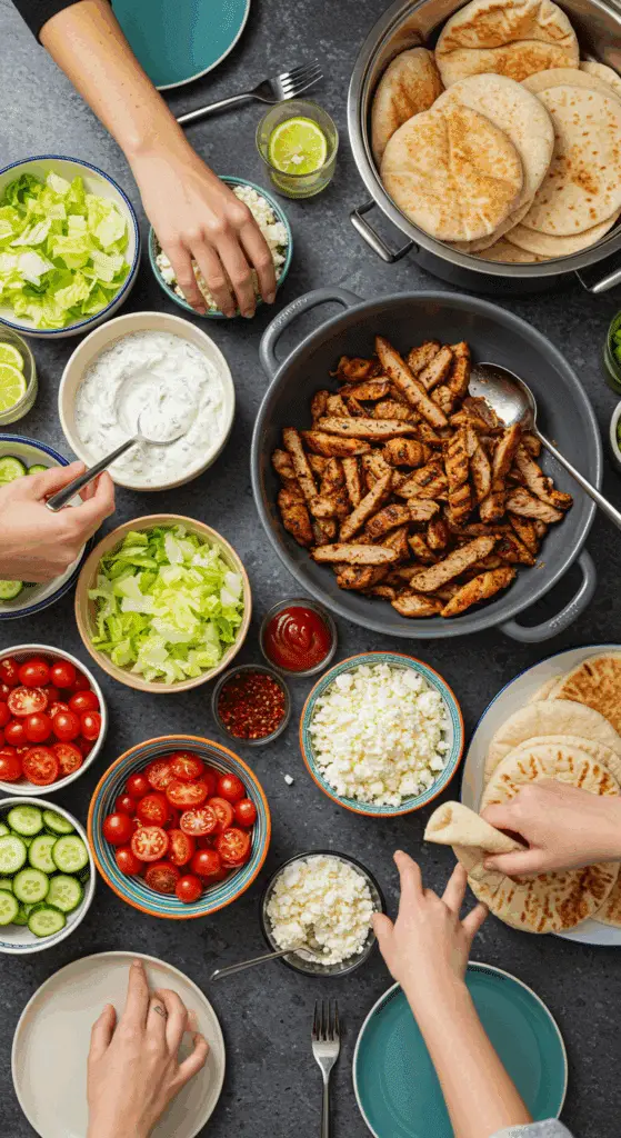 A beautiful and fun "build your own" gyro bar with a large bowl of homemade cooked turkey and a variety of fresh toppings.