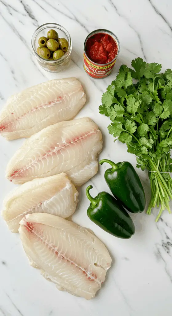 The simple, fresh ingredients for the healthy, from-scratch Tomato-Poached Halibut recipe.