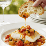 An elegant bowl of homemade, Poached Halibut with a piece of crusty bread being dipped into the rustic tomato sauce.