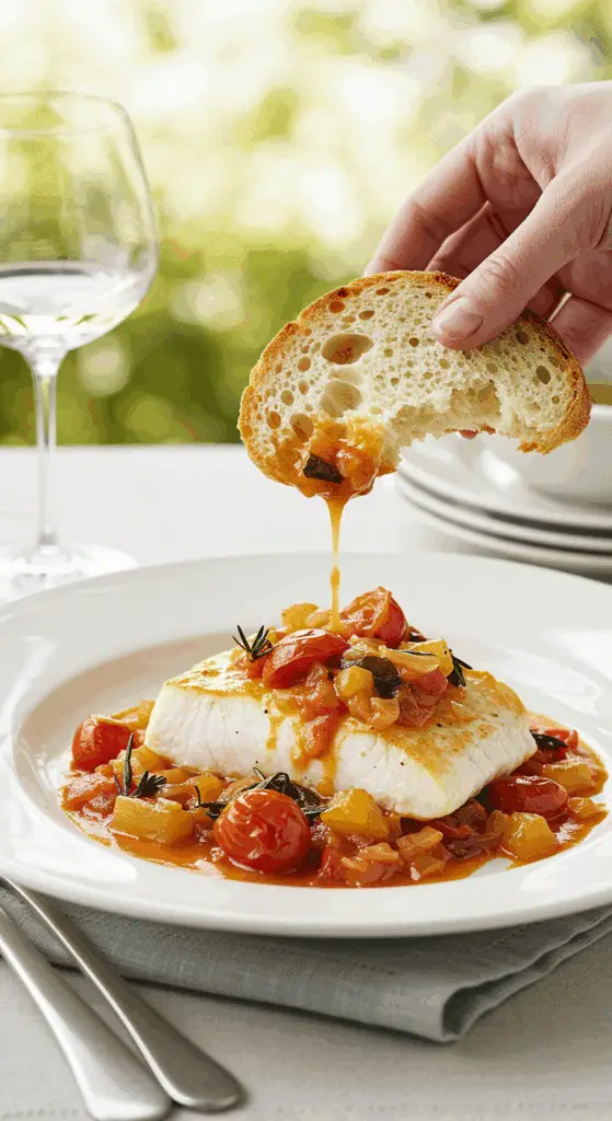 An elegant bowl of homemade, Poached Halibut with a piece of crusty bread being dipped into the rustic tomato sauce.