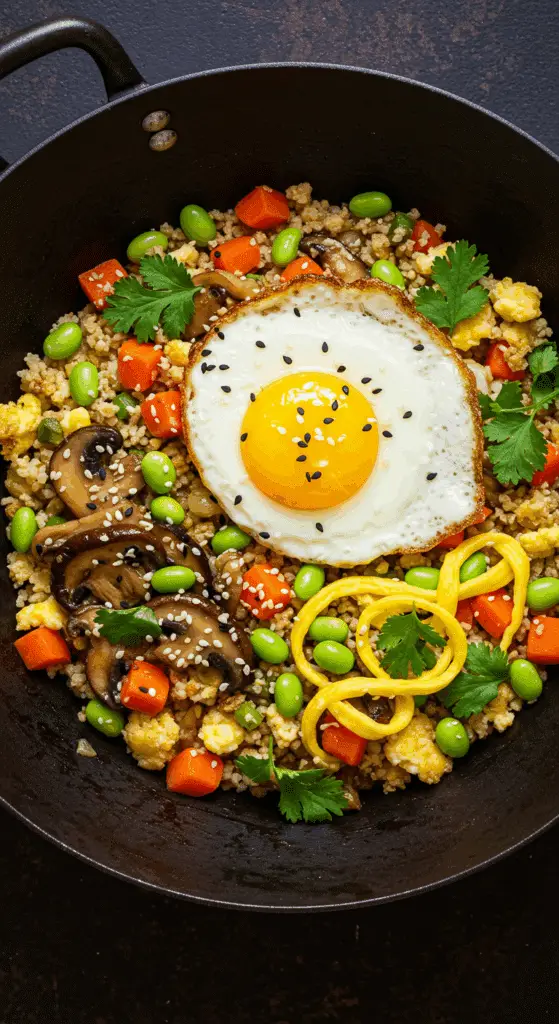 A beautiful, rustic bowl of homemade, healthy Cauliflower Fried Rice, topped with a perfect, runny-yolked fried egg.