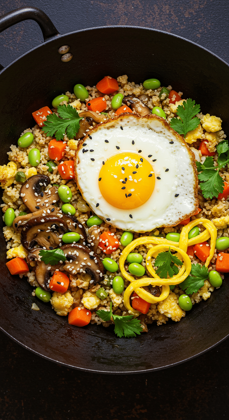 A beautiful, rustic bowl of homemade, healthy Cauliflower Fried Rice, topped with a perfect, runny-yolked fried egg.