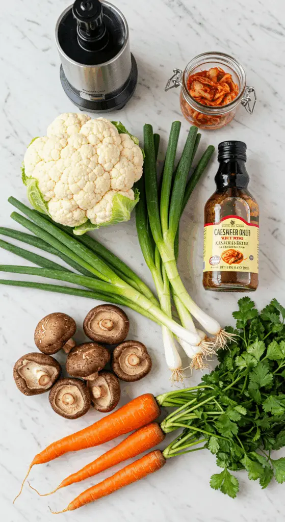 The simple, fresh ingredients for the healthy, from-scratch Cauliflower Fried Rice with kimchi.