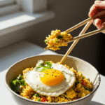 A beautiful bowl of homemade, healthy Cauliflower Fried Rice being enjoyed with chopsticks for a vibrant and healthy lunch.