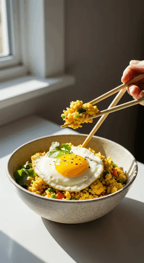 A beautiful bowl of homemade, healthy Cauliflower Fried Rice being enjoyed with chopsticks for a vibrant and healthy lunch.