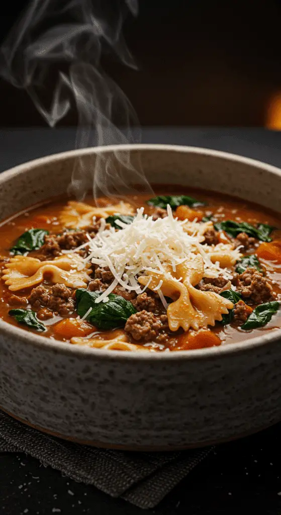 A beautiful, rustic bowl of homemade, hearty Spinach Beef Soup, packed with ground beef, bow tie pasta, and spinach, and garnished with Parmesan.