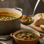 The finished pot of homemade, hearty Spinach Beef Soup being served at a cozy family dinner.