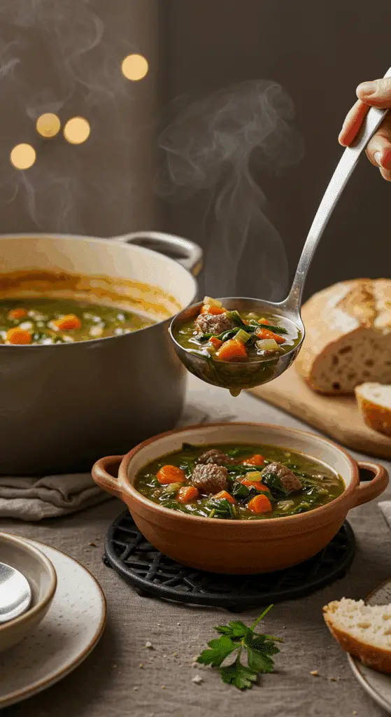 The finished pot of homemade, hearty Spinach Beef Soup being served at a cozy family dinner.