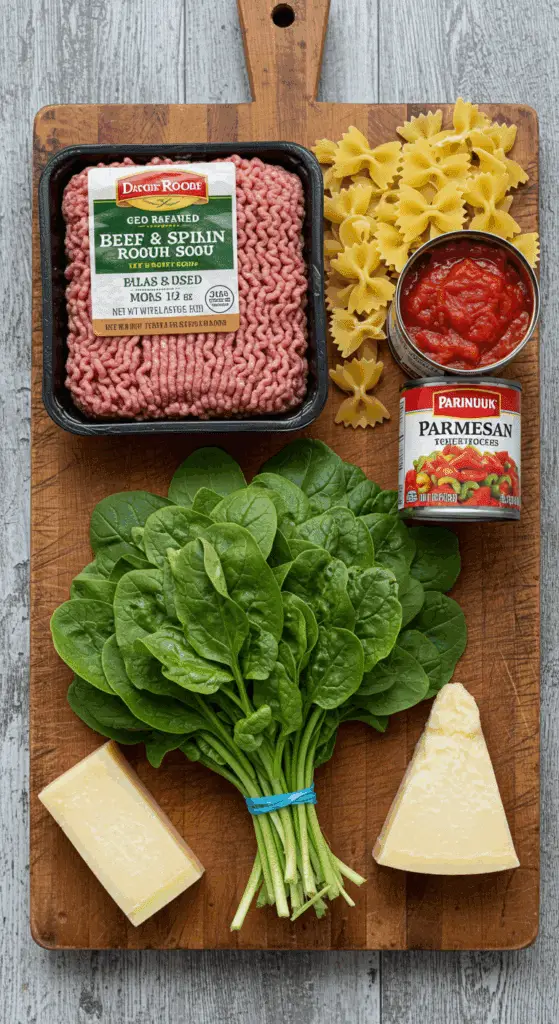 The fresh, from-scratch ingredients for the hearty and easy Spinach Beef Soup recipe.