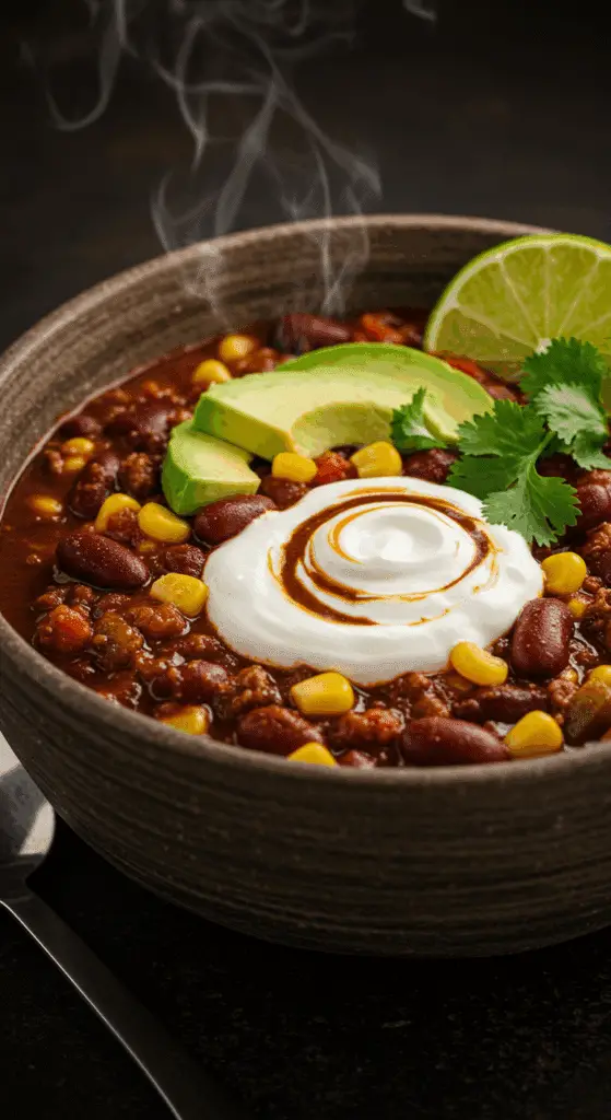 A beautiful, rustic bowl of homemade, hearty, and spicy Instant Pot Vegetarian Chili, garnished with a swirl of sour cream, avocado, and cilantro.