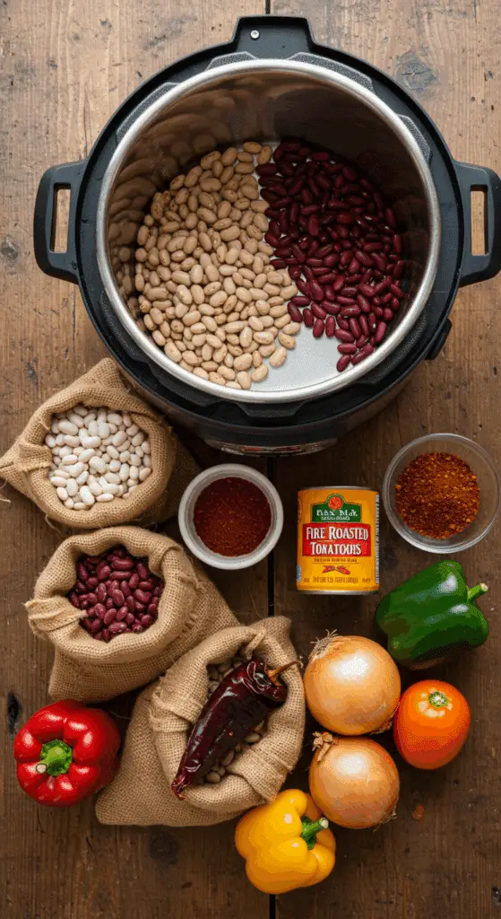 The fresh, from-scratch ingredients for the classic and hearty one-pot Instant Pot Vegetarian Chili recipe.