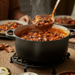 The finished pot of homemade, hearty Instant Pot Vegetarian Chili being served at a cozy family dinner with a toppings bar.