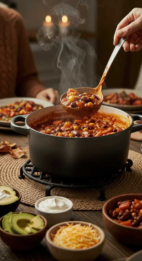 The finished pot of homemade, hearty Instant Pot Vegetarian Chili being served at a cozy family dinner with a toppings bar.