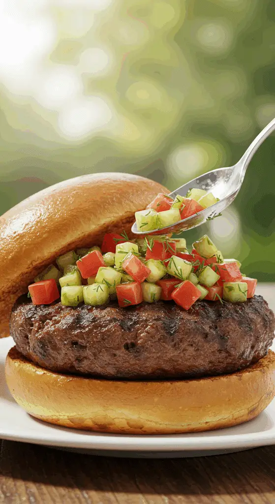 A beautiful, juicy, homemade grilled Burger on a toasted bun, topped with a generous pile of a fresh and spicy dill salsa.