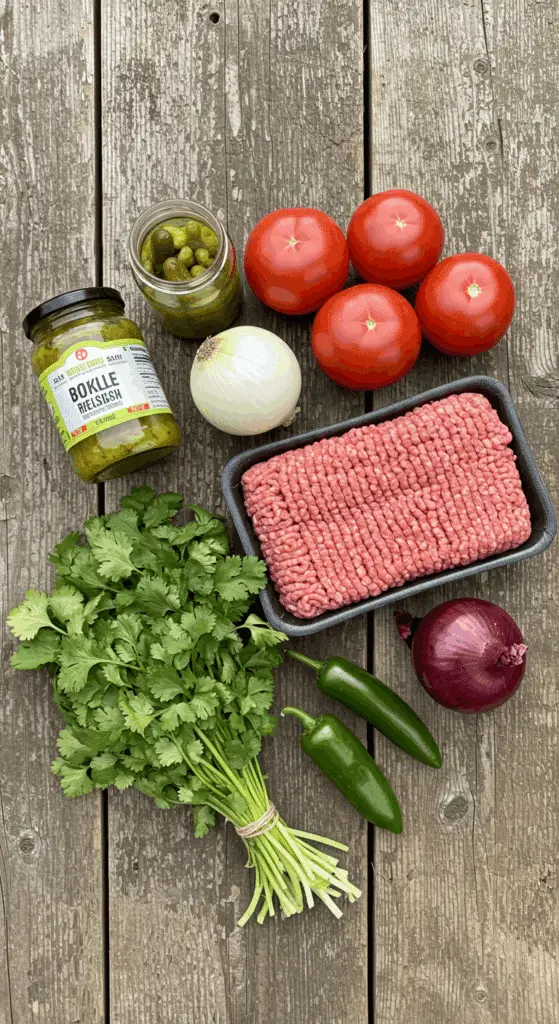 The simple, fresh ingredients for the juicy homemade Burger and the spicy Dill Salsa recipe.