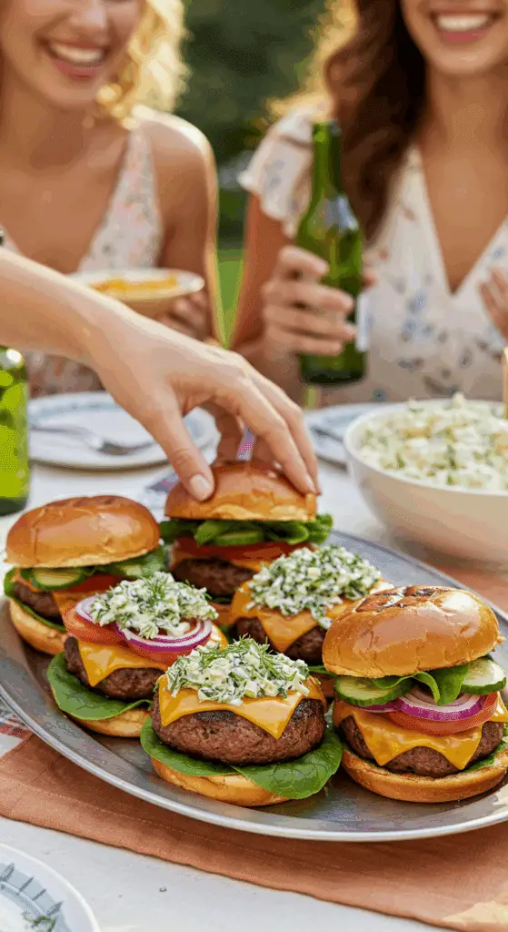 A large platter of homemade, juicy Burgers with Spicy Dill Salsa being served at a fun summer barbecue.