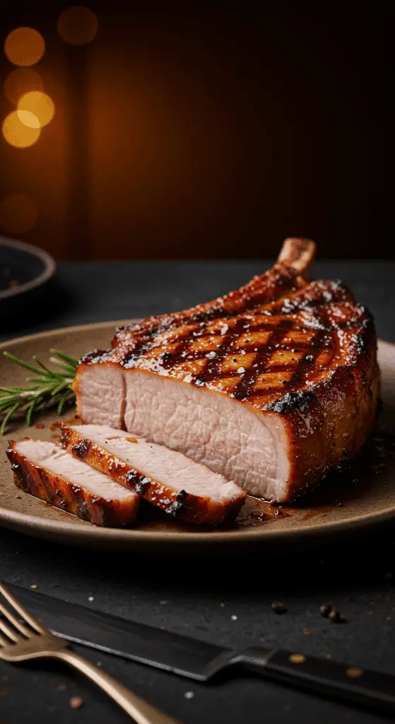 A beautiful, juicy, homemade Grilled Pork Chop, sliced to show the tender, moist interior and the beautiful, dark char marks.