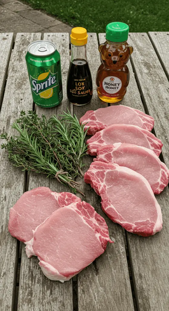 The simple, from-scratch ingredients for the easy and juicy Grilled Pork Chops with a "secret ingredient" marinade.