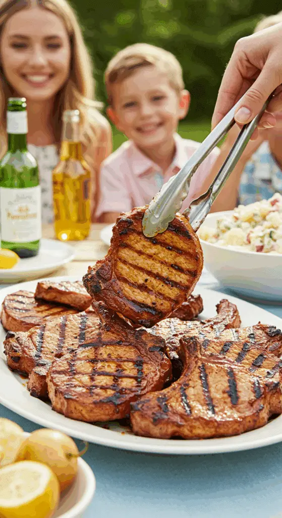 A large platter of homemade, juicy Grilled Pork Chops being served at a fun summer barbecue.