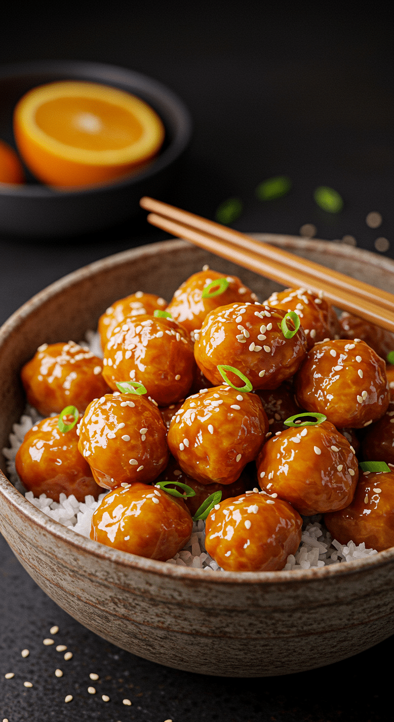 A beautiful, rustic bowl of homemade, easy Orange Chicken, with crispy chicken coated in a thick, glossy, and vibrant orange glaze.