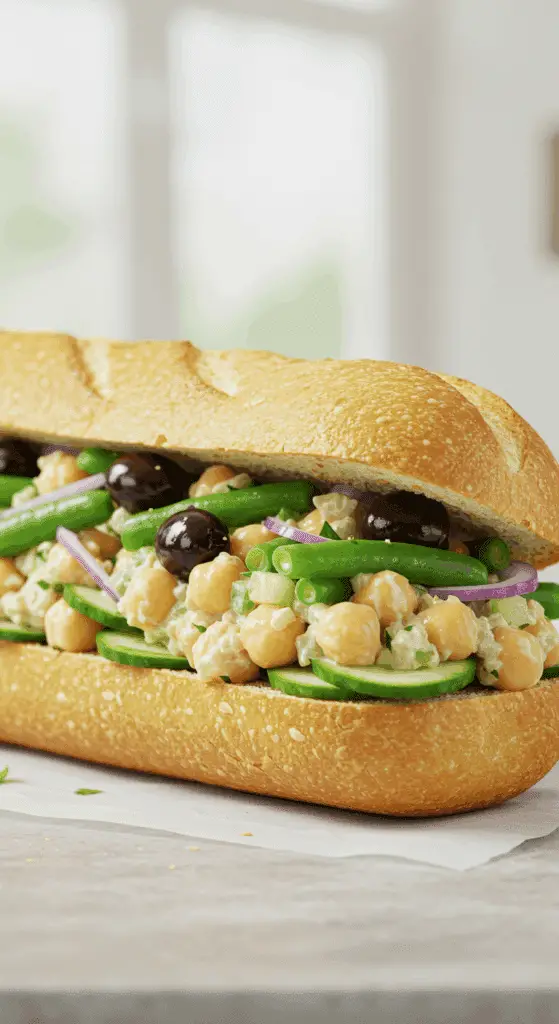 A beautiful, homemade, fresh and healthy Chickpea Salad Sandwich, cut in half to show the thick, chunky, and creamy chickpea salad filling.